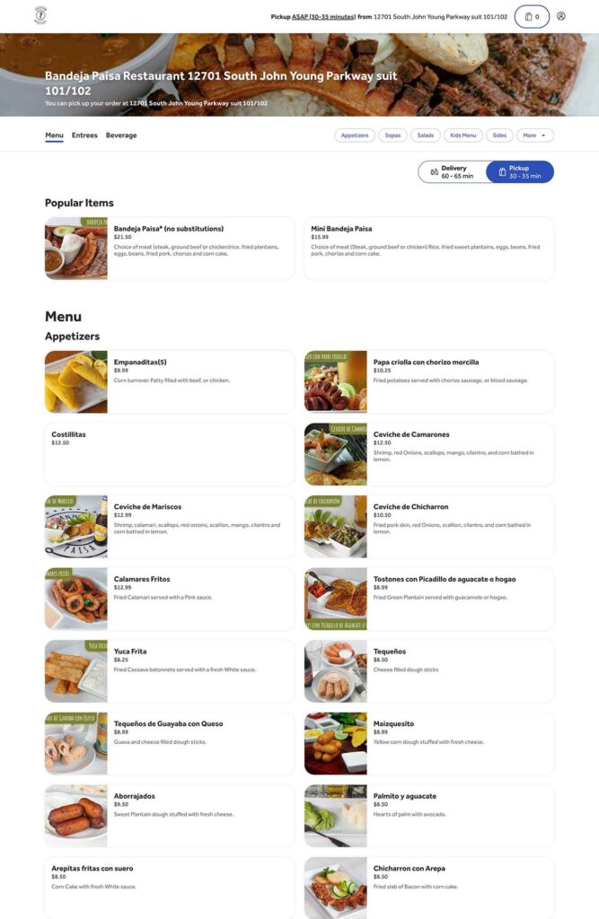 web para restaurantes bandeja paisa